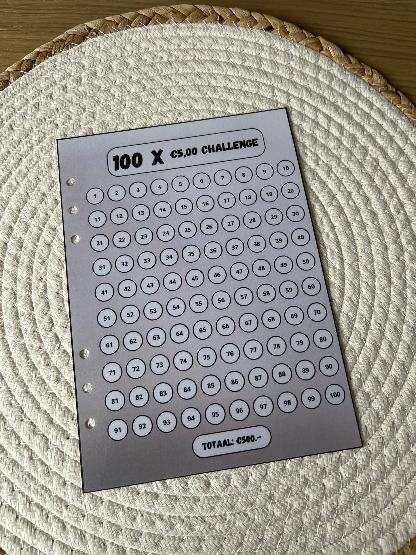 100 X €5,- challenge los A5 in 4 kleuren